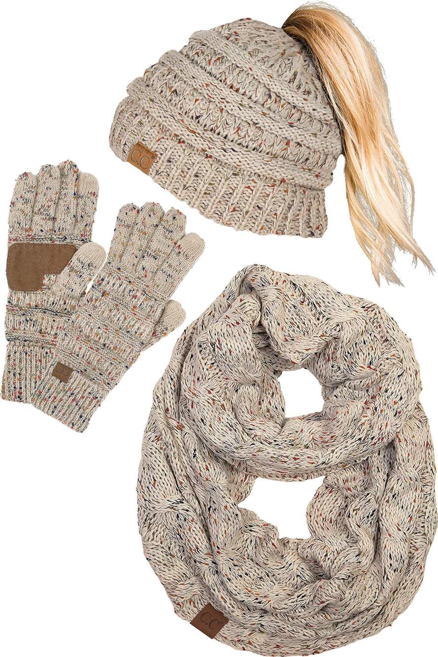 6402 Matching 3 Pack: Ponytail Beanie, Texting Gloves, & Scarf - Confetti
